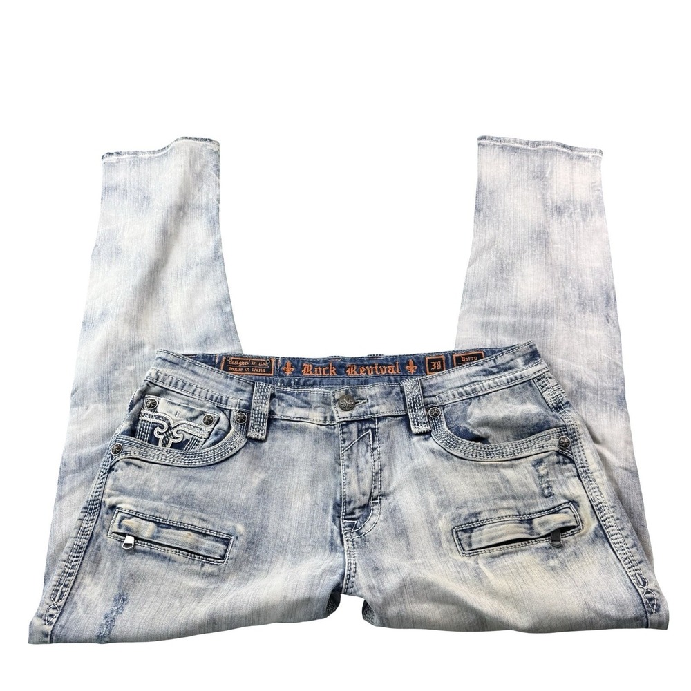 Rock Revival Bleach Wash Barry Biker Mens Thick Stitch Jean 38X34 TM6615K1